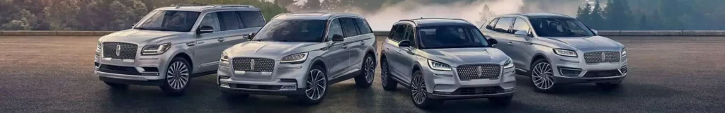 Three silver Lincoln SUVs parked on a wet road with trees and mist in the background.