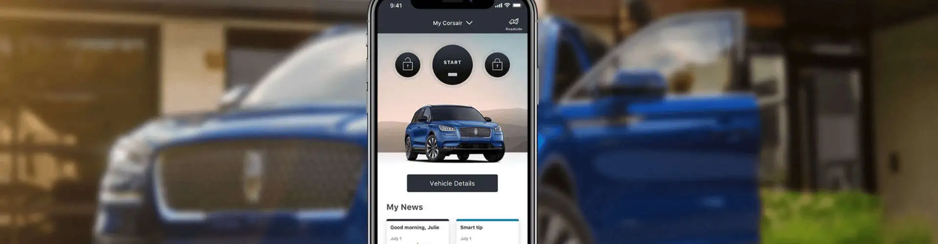 A smartphone displaying a car control app is shown with a blue vehicle in the background.