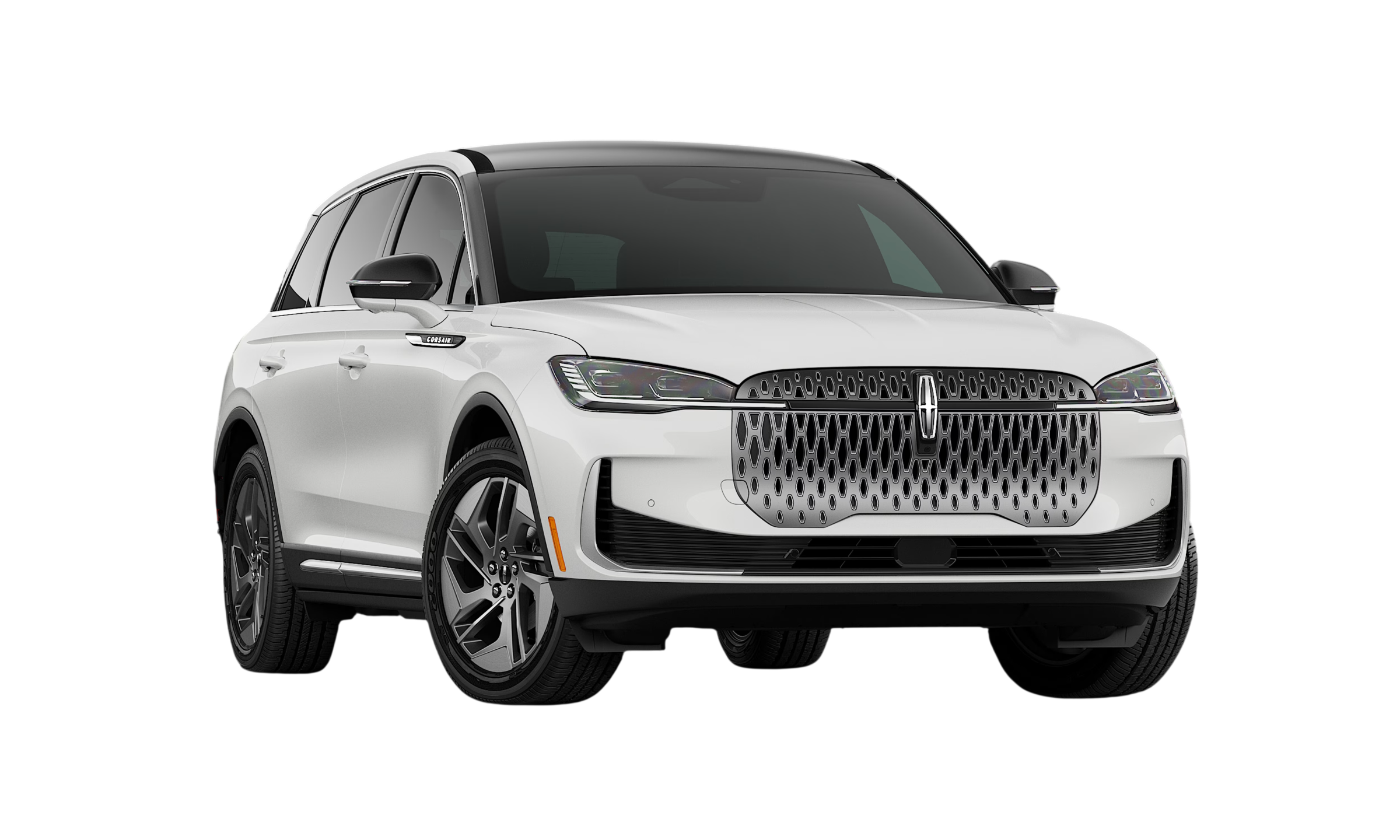 White luxury SUV with sleek design and distinctive grille, viewed from the front angle.